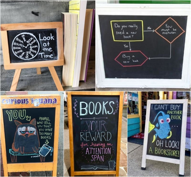 Clever Bookstore Signs That Will Make You Want to Read More | Instagram/@page_turners_bookshop & @curiousiguana & @chriscannonauthor @ Twitter/@TristanPEJ & Facebook/@interabangbooks